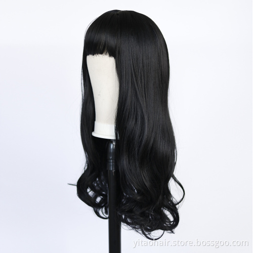 Dark black Wigs with Bangs Long Wavy Wigs for Women Synthetic Brunette Wig with Bangs Heat Resistant Natural Wavy for Daily